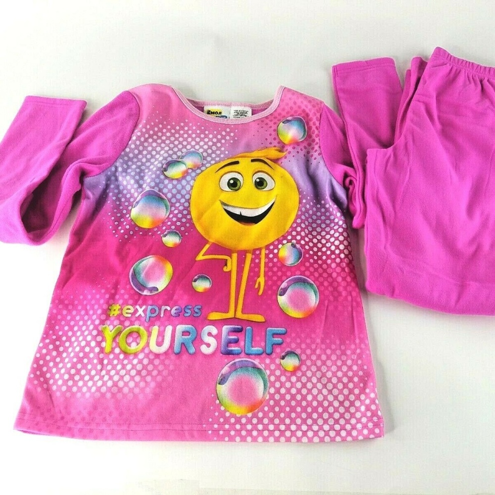 EMOJI Pajamas 2 Piece Girls Sz 10/12, Long Sleeve Fleece Pink #express YOURSELF